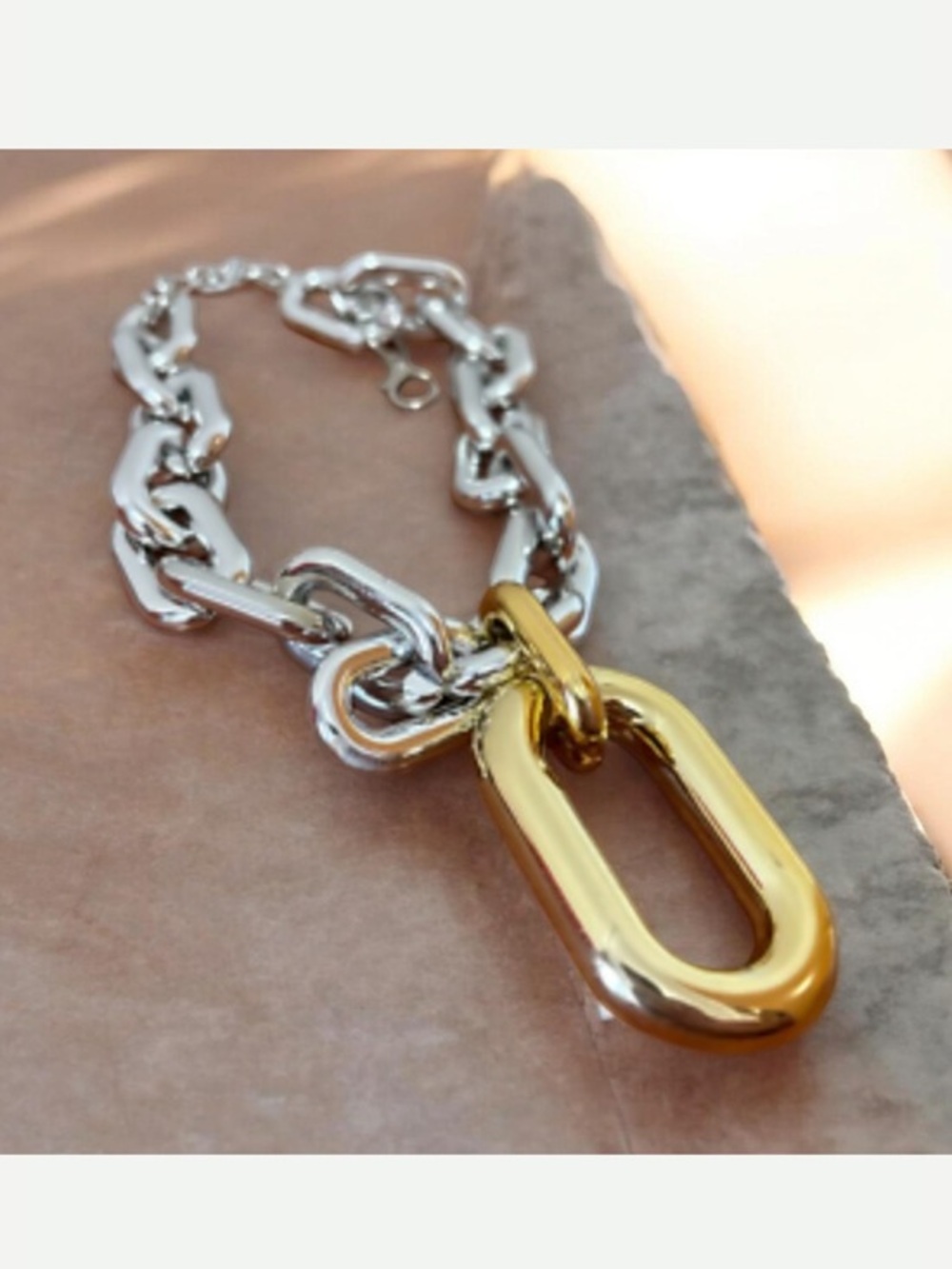 2pcs Zara Set Gold Double Interlock Oval Circle Link Chain Necklace two tone